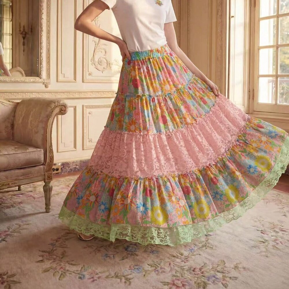 Multicolor Boho Women's Floral Print Contrast Lace A-Line Skirt - Picture 1 of 9